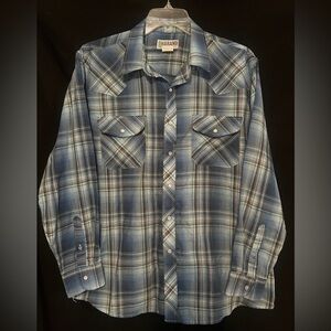 Men’s Haband Long Sleeve Blue Plaid Western Shirt Size Large